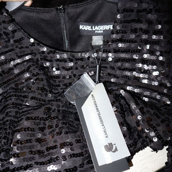 Karl Lagerfeld LD1IO134 Women's Sz 0 Black Sequin Puff Sleeve Shift Dress - Picture 4 of 10
